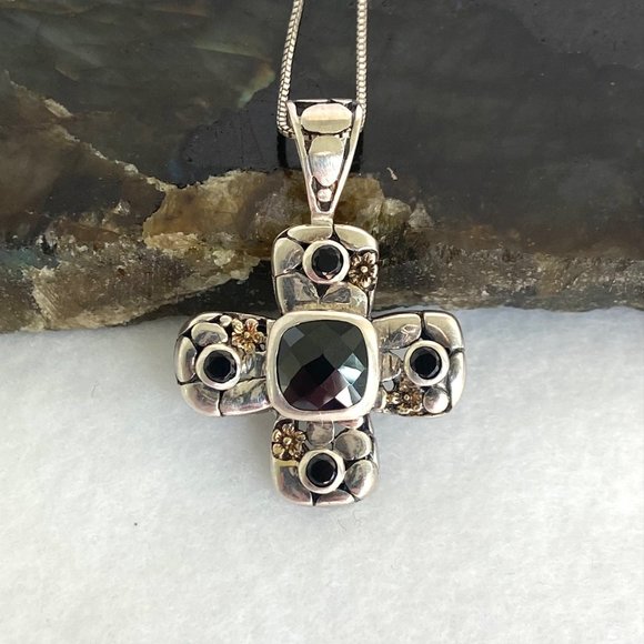 Jewelry - Sterling Silver 925 Black Tourmaline Glass Cross Pendant Necklace 18" Box Chain
